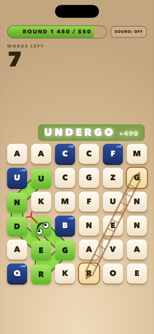 A green snake spelling UNDERGO, showing its 490 points before letting go